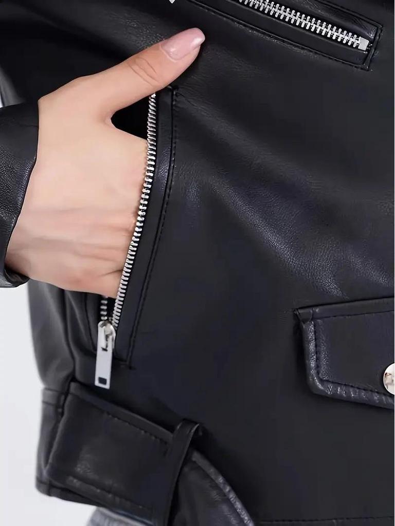 Damen Slim Fit PU-Leder Motorradjacke mit schrägem Reißverschluss