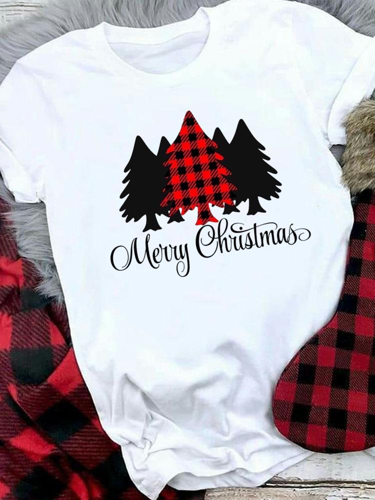 (Asian Size) Tree Lovely Letter Style Women Holiday Print Tee Top Festival Merry Christmas New Year Casual  Lady Short Sleeve Fashion Graphic T-shirts