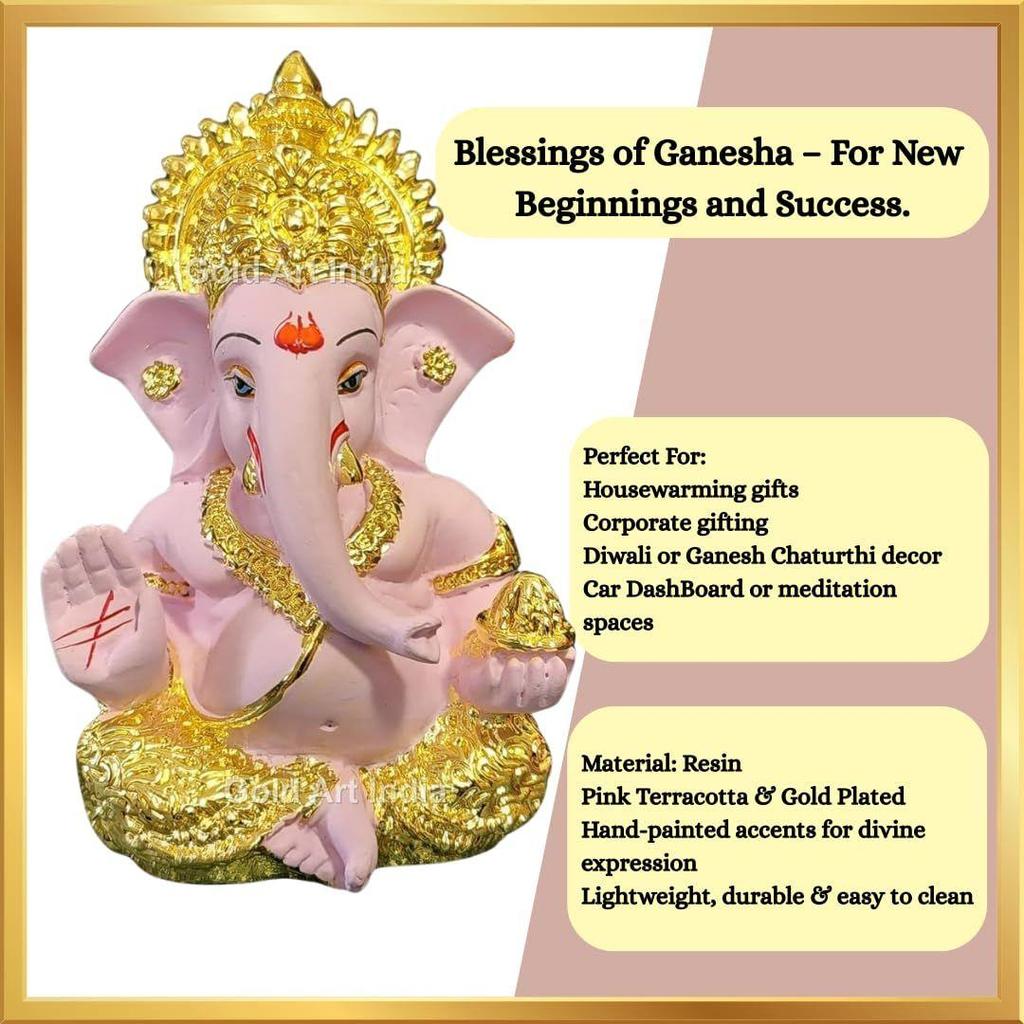 Gold Plated Ganesha with Terracotta Colour - Perfect for Car Dashboards, Office & Home Shelves, Diwali Puja, and Gifting