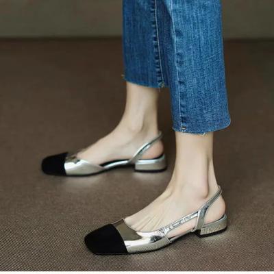French Pu Mixed Colors Sandals Women's Baotou Slip-On Low-heeled Slingback Roman Back Strap Flat Shoes Gold Silver Summer