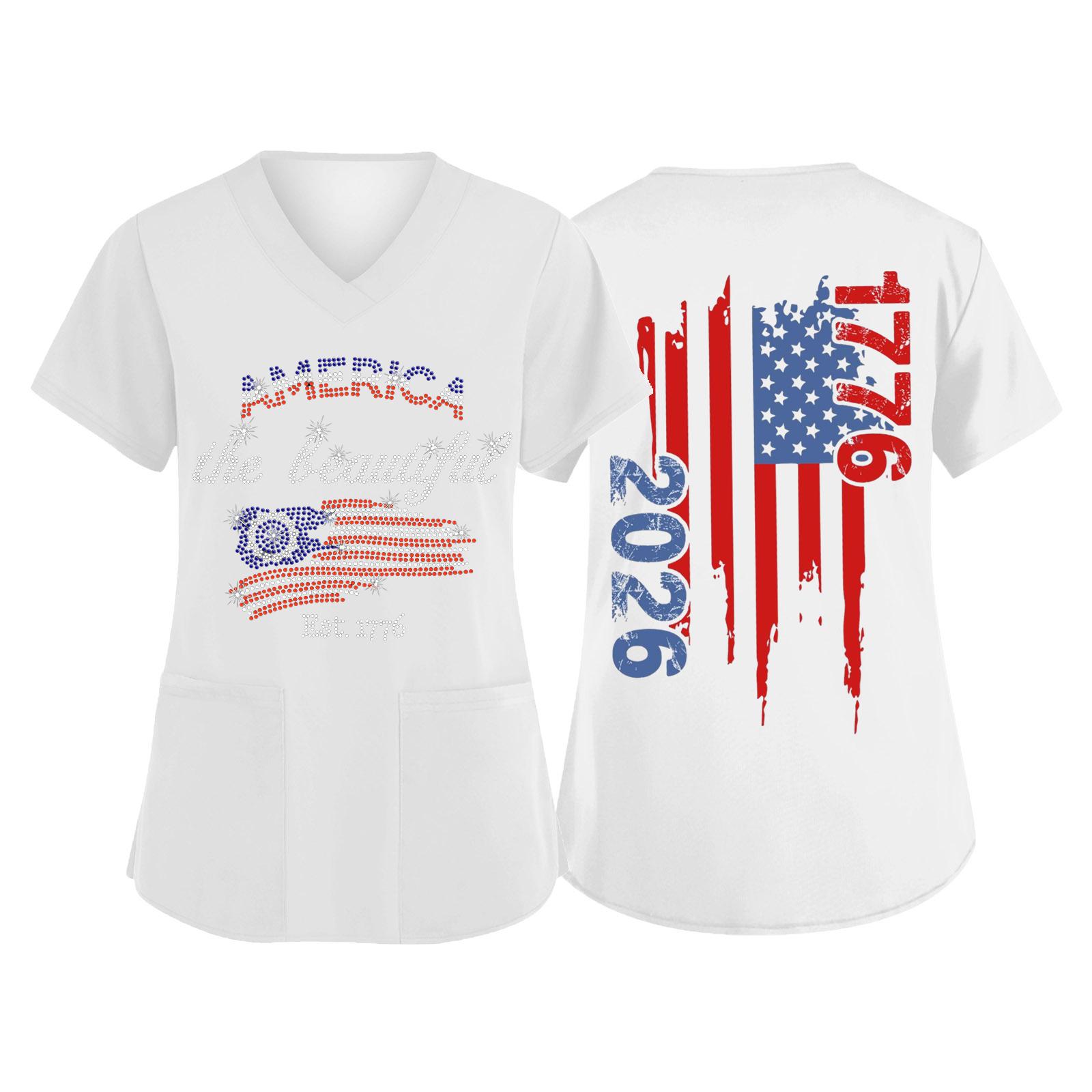 

Women s V Neck Short Sleeve Work Top with Pockets Independence Day Print Nurse Uniform Medical Scrub Shirt for Healthcare Professionals XL білий