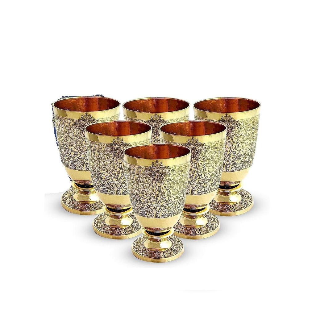 Pure Brass Glass Tumbler with Goblet Design - 350 ml, Embossed, Drinking and Serving Water, Yoga and Ayurveda, 6 Piece