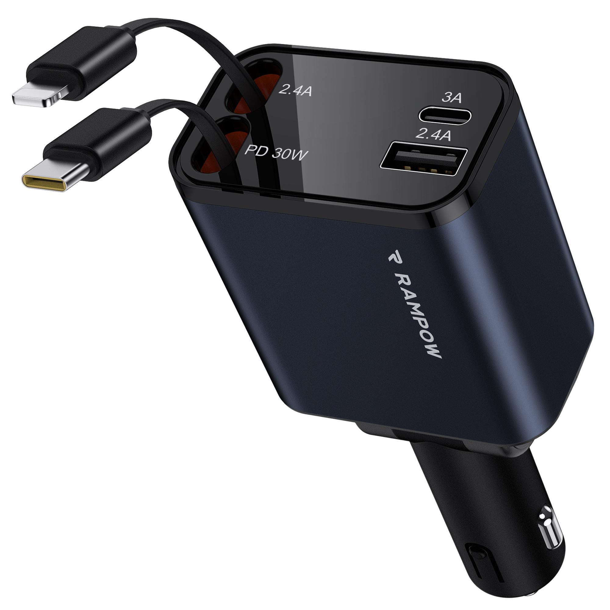 

RAMPOW 50W Car Charger USB + Type-C Output Charging Station with Retractable Type-C + 8-Pin Cables Black