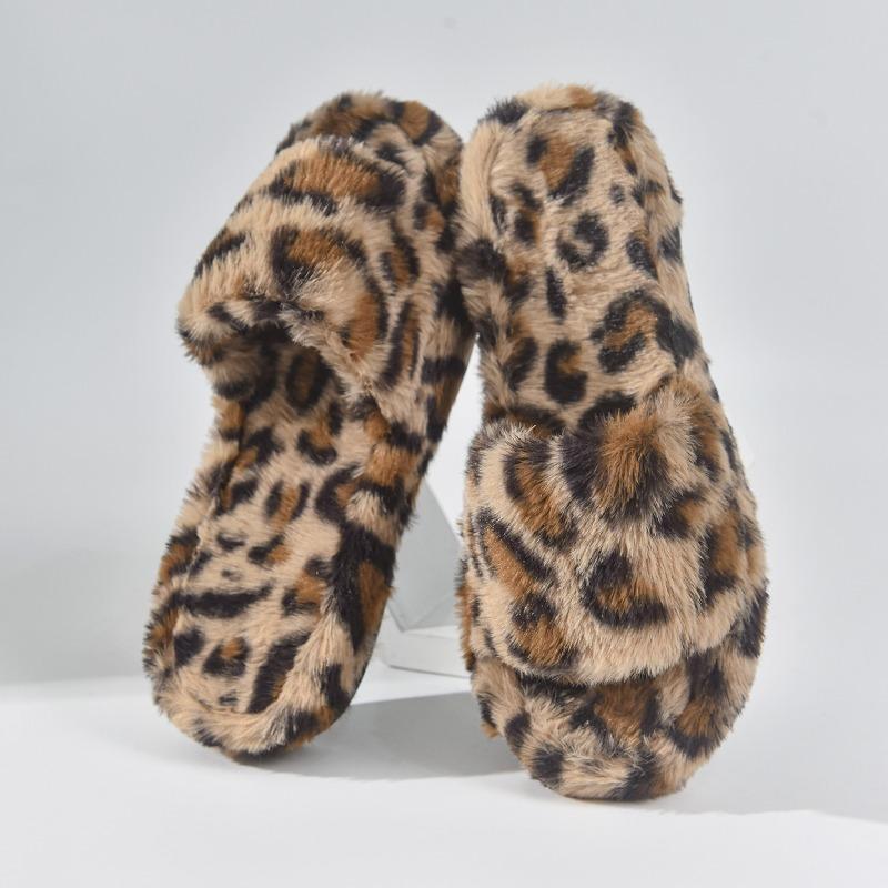 Fashion Leopard Women Slippers Fur Flats Platofrm Shoes Short Plush Open Toe Flip Flops Casual 2025 New Winter Warm Cotton Slides Mujer