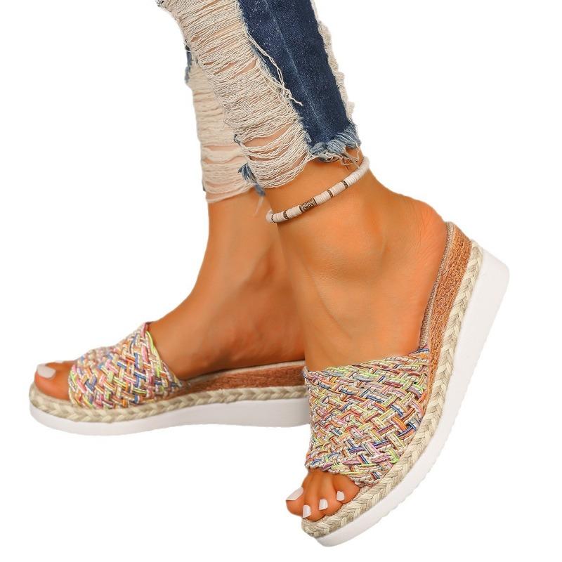 Summer new large-size women's thick-bottomed fish mouth with hemp rope colored wedge slippers