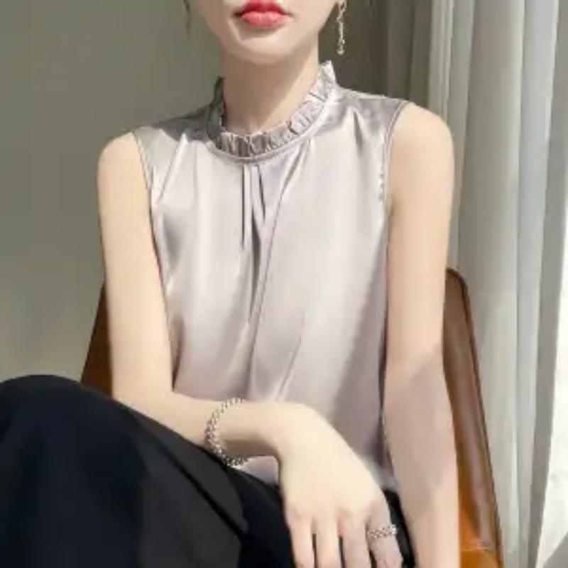 Sleeveless Blouse Ruffled Mandarin Collar Satin Tank Top