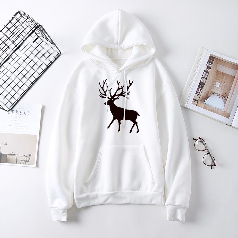 Ladies Autumn Elk Deer Printed Hooded Hoodie for Women Loose Plus Size Long Sleeve Pullover Tops