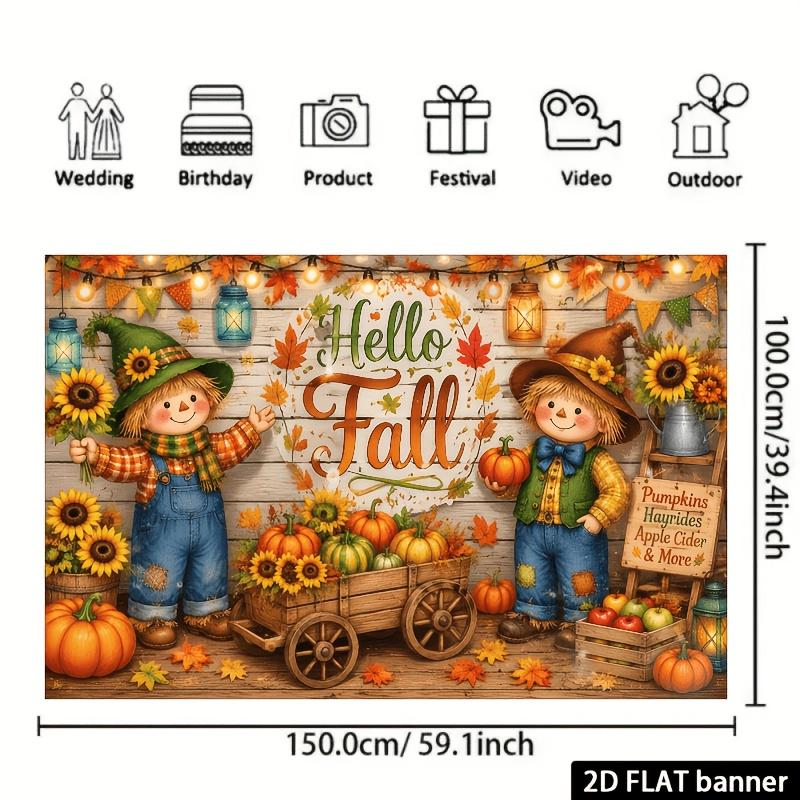 2D plane. Autumn harvest theme background fabric featuring scarecrows pumpkins sunflowers and maple leaves.zyc