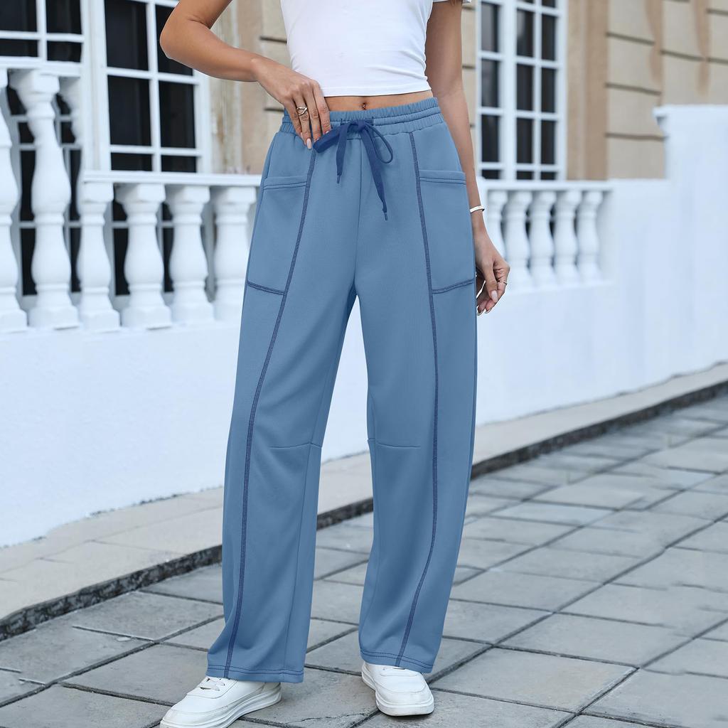 Calças Elásticas de Cintura Alta para Mulheres Caimento Casual Perna Larga Calças Compridas Calças Com Bolsos