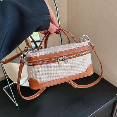 Women Zipper Shoulder Bags Portable Bucket Box Handbag Canvas Patchwork Fashi Crossbody Bag Ladies' Commuter Phe Pouch Purse