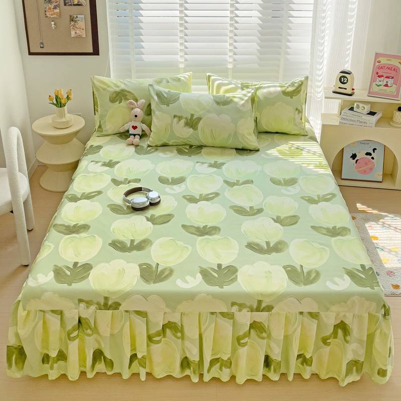 All Season Universal Ruffle Edge Single Bed Cover Printed Cotton Bed Skirt Three Piece Set Soft Comfortable Bedding Bedspread