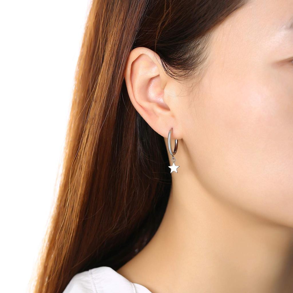 Rockyu Pierced Star Earrings for Women and Silver Dangling Stainless Steel Star Both Ring New York Style Men, Popular, Hoop, Earrings, Ring,