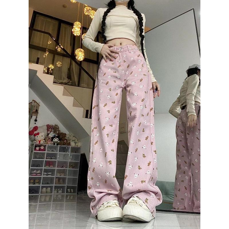Pink Design Sense Bear Print Straight Leg Jeans Women Autumn Small Tall Waist Loose Slim Wide Leg Pants Trend