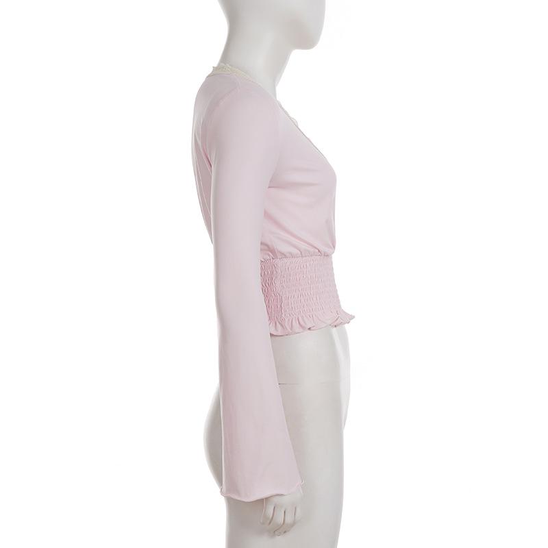 Spicy Girl Pink Lace Patchwork Ruched V-Neck Base Shirt