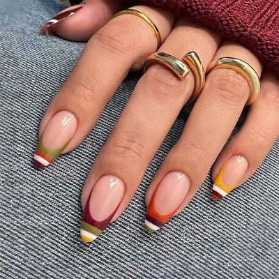 24 Pièces Ongles Press-On Amande Moyenne Couverture Complète Rayures Colorées French Tip Amovibles Faux Ongles Artificiels
