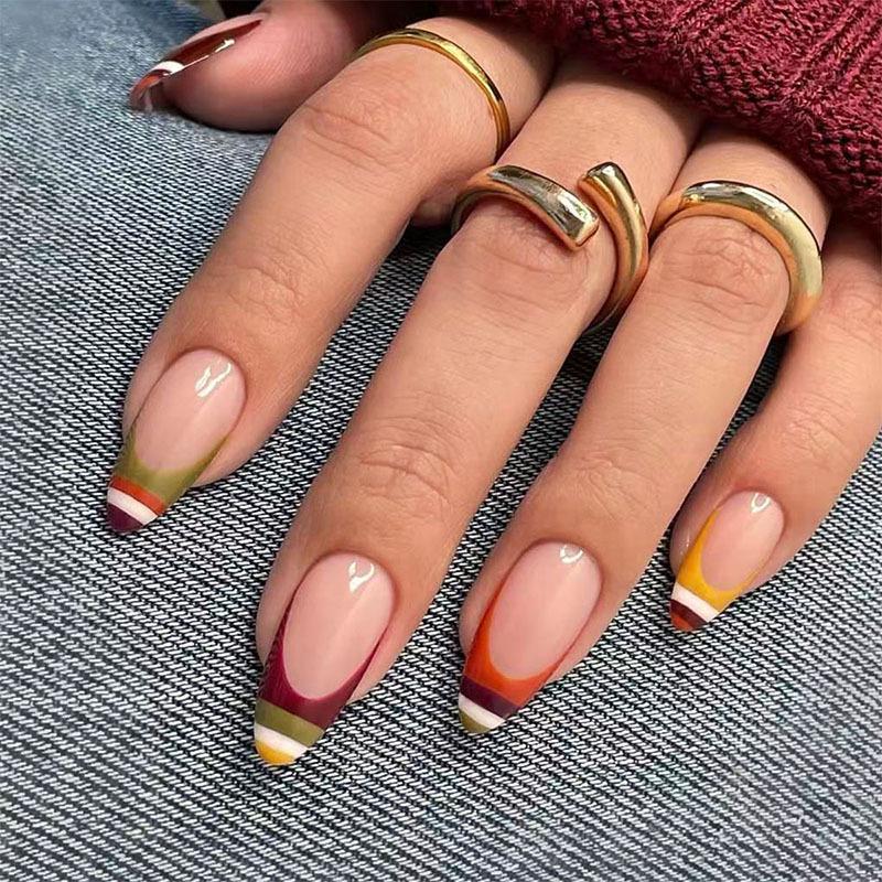 24 Pièces Ongles Press-On Amande Moyenne Couverture Complète Rayures Colorées French Tip Amovibles Faux Ongles Artificiels