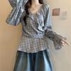 Lace Up Checkered Famale Shirt Korean Style Casual V-neck Ladies Long Sleeved Shirts Autumn New Trendy Daily Commuting Women's Blouse