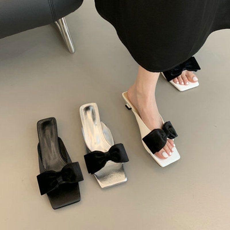 Fashion 2025 New Fashion Bow-knot Designer Women Mules Slippers Outdoor Square Toe Thin High Heels Sandal Party Dress Shoes Slippers