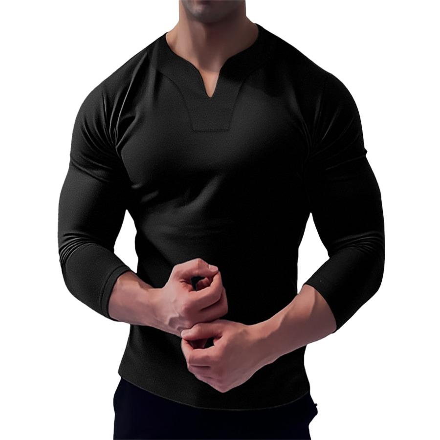 Svalové pánské sportovní tričko fitness větší velikosti Pánské elastické bavlněné podzimní polokošile s výstřihem do V s dlouhým rukávem