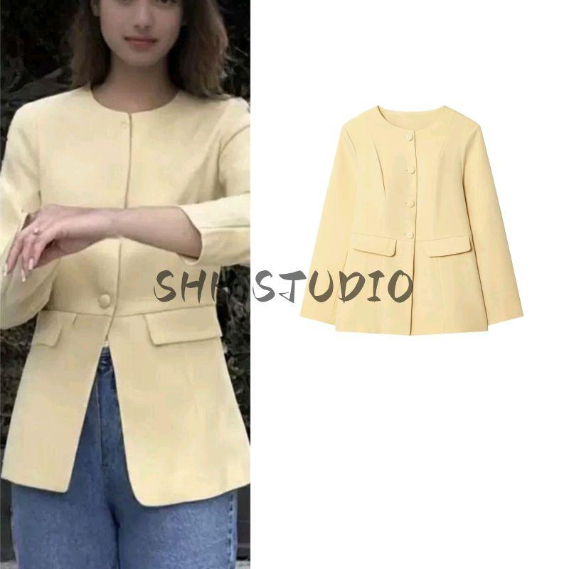 Autumn New Women Clothes Minimalist Style Single Row Multi-Button Round Neck Long Sleeve Flip Decorative Pocket Slim Fit Suit Outerwear