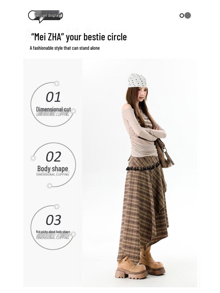 Women's Irregular Plaid Tassel A-line Skirt with Embroidery - High Waist, Slimming Fit, Mid-length for Autumn/Winter