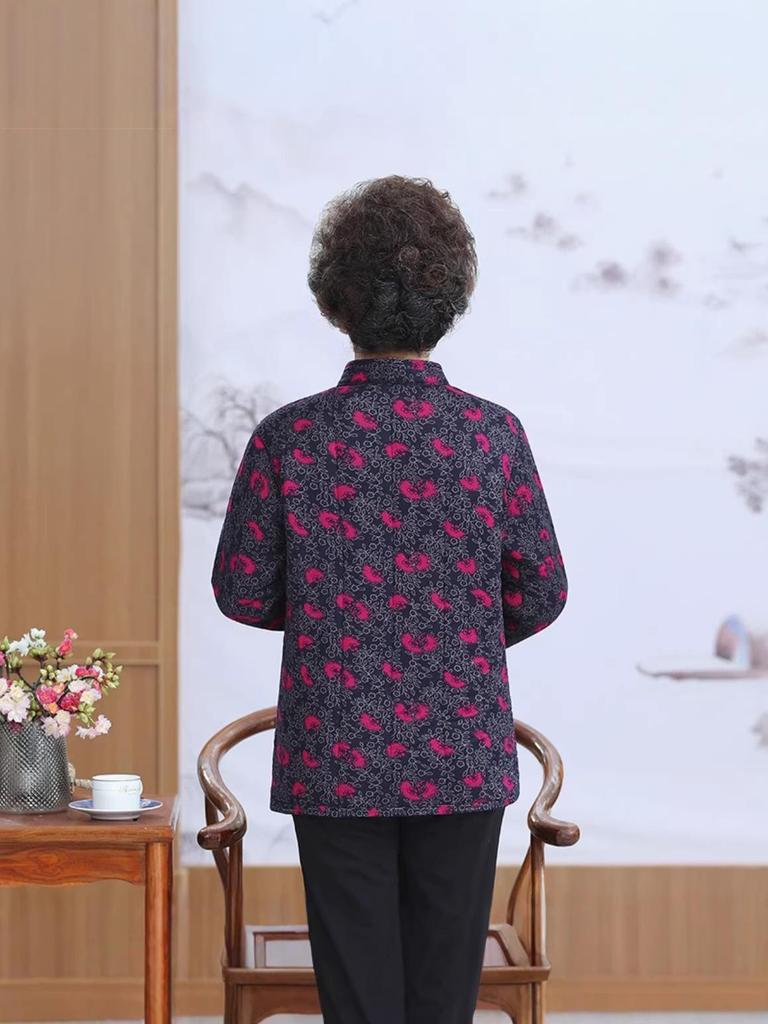 Floral Padded Winter Jacket for Moms - Fleece-Lined Cotton Coat for Middle-Aged and Elderly Women