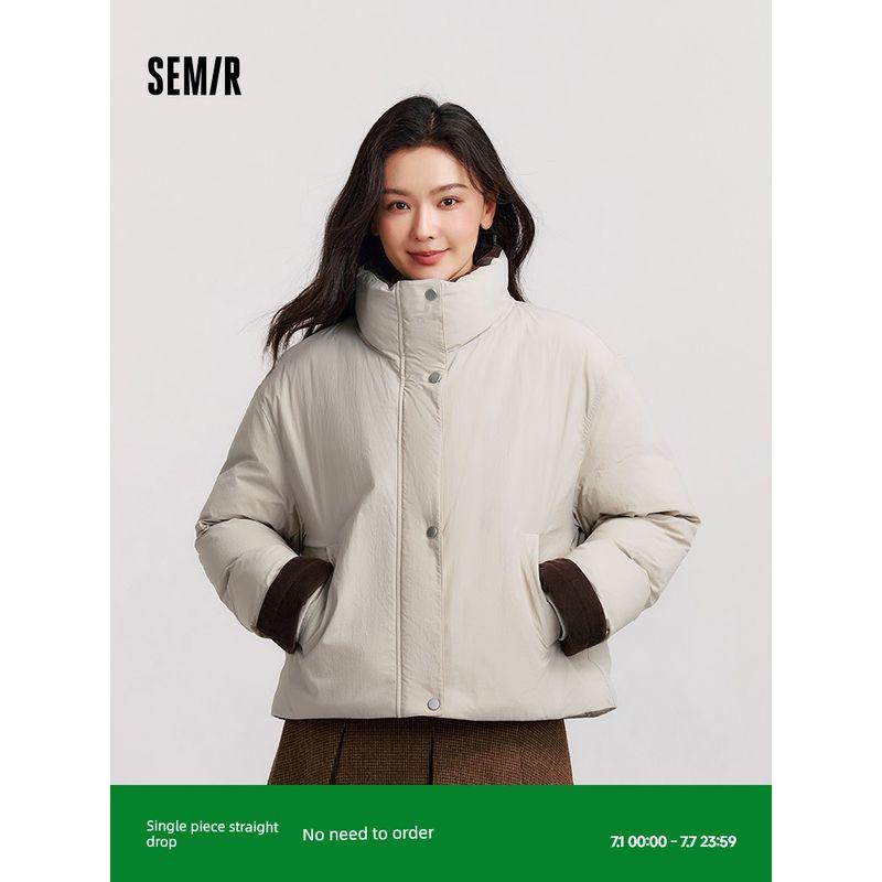 

[Same Style with Mall] Senma down Jacket Women s Three-Proof Loose Patchwork Stand-up Collar 2024 Winter New Arrival Texture Outwear Retro Deep Coffee 50905 (Grey Duck Down) 150/76A/XS