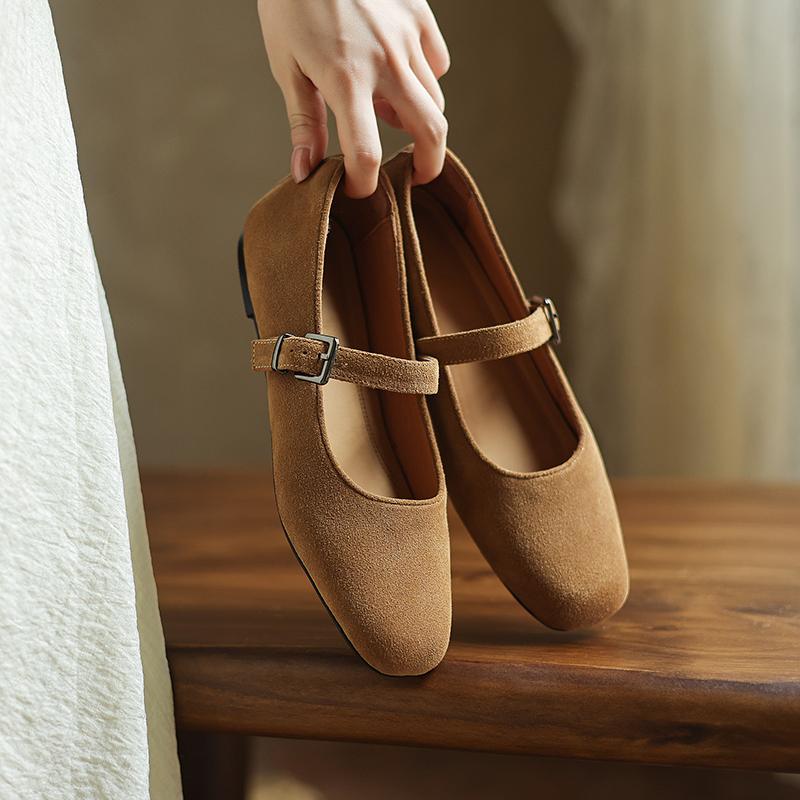 Fashion Women Mary Jane Ballet Shoes Cow Suede Genuine Leather Flats Woman Classic Square Toe Fashion Street Flats Ladies Soft Loafers