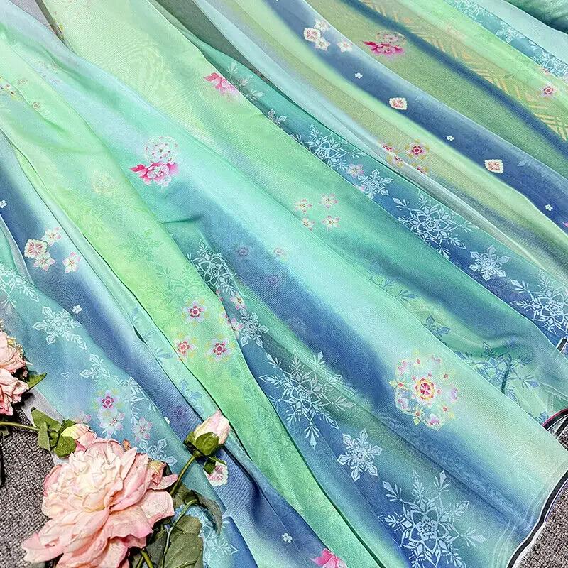 Gradient Color Chiffon Fabric Diy Rainbow Christmas Flowers Print for Hanfu Dress Skirt Shirt Sewing Cloth Sold By The Meter