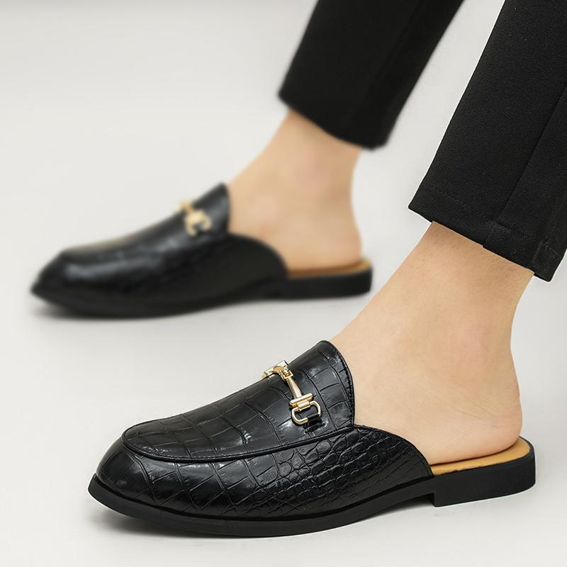 Fashion New Men's Crocodile Pattern Half Slippers Driving Shoes Casual Patent Leather Mules Moccasins Breathable Loafers Zapatos Hombre