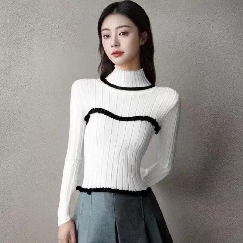 Spring Autumn Women Half High Collar Full Sleeve Ruffles Knitted Sweater Pullover Tops