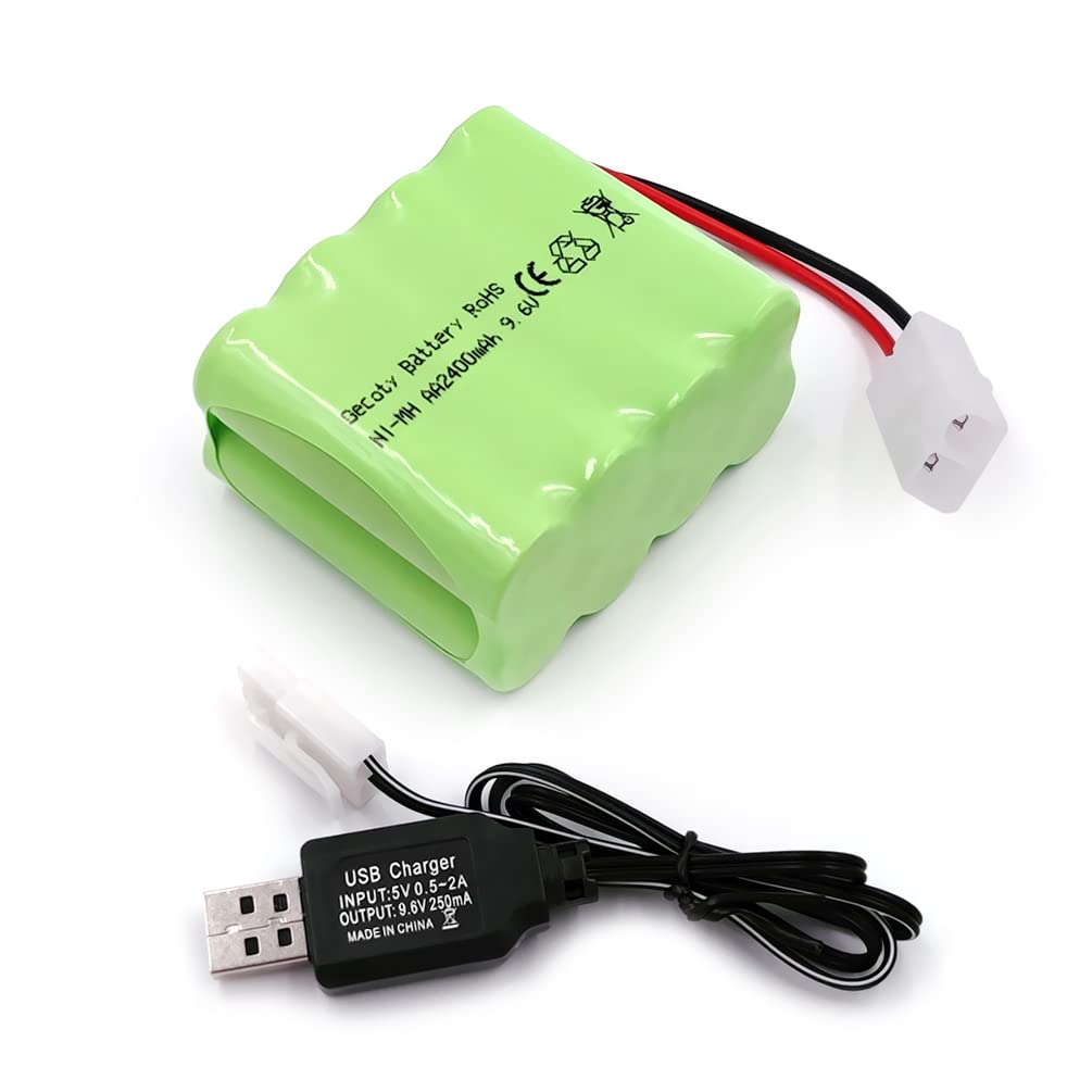Gecoty 9.6V Ni-MH, 2400mAh Rechargeable Battery with KET-2P Plug and Charging Cable, Suitable for Many Types of RC Giant Trucks, RC Battle Tanks, and