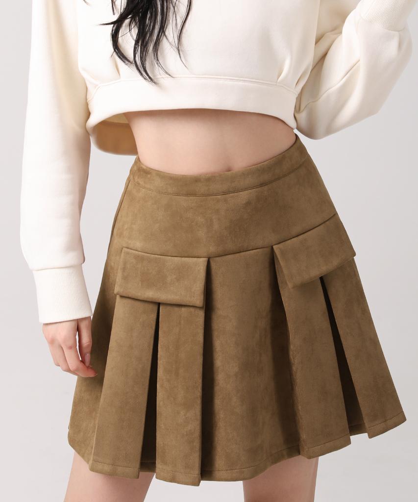 AVANDRESS Pocket Mini Suede Pleats Skirt Brown