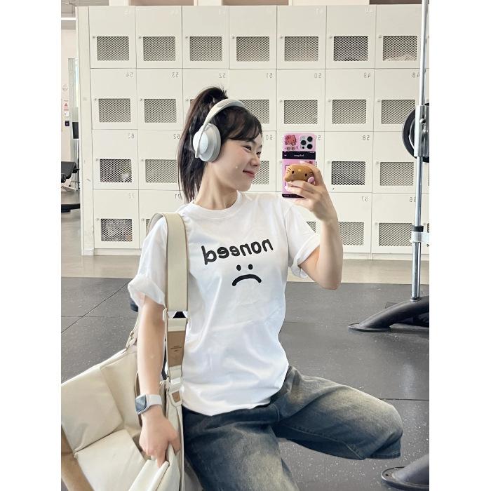 

Pure cotton American retro smiley face printed short-sleeved T-shirt women s summer new oversze loose casual top trendy S