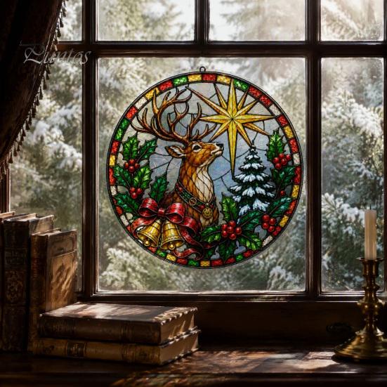 Reusable Christmas Window Decor Stained Glass Style Cling, Rainbow Film Sun Catcher Static Sunlight Reflective Films Suncatcher Sticker for Home Shop