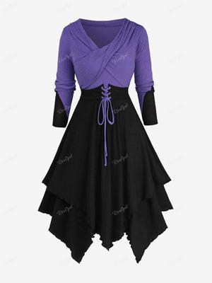 Rosegal Plus Size Pulloverkleid mit zweifarbigem Patchwork, überkreuzten Einsätzen, asymmetrischer Struktur und Rippenmuster