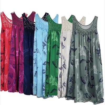 Vestido de verano suelto sin mangas con cuello redondo y costuras de encaje con estampado floral para mujer