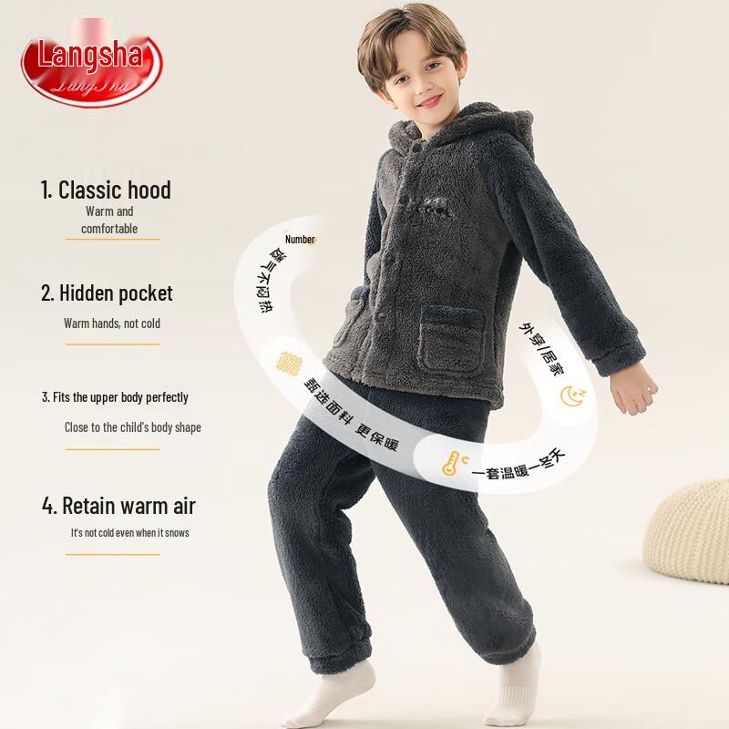 Langsha Jungen Dickes Flanell Kapuzen-Pyjama-Set