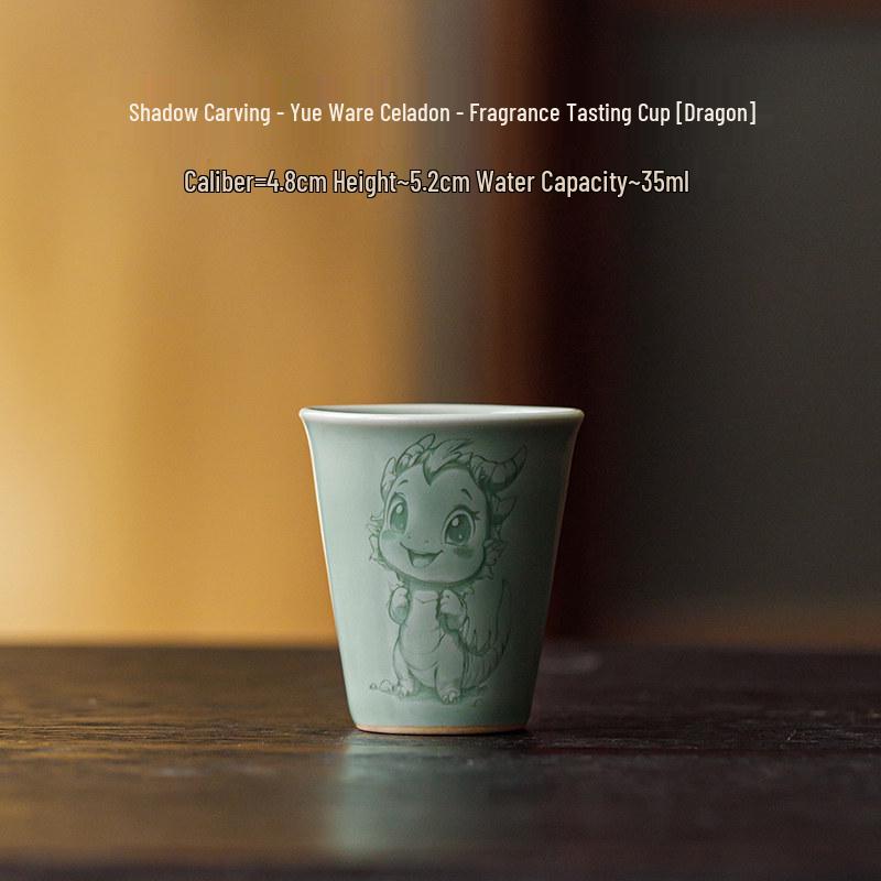 Guanlan Yue Celadon Shadow Carved Zodiac Tea Cup - High-Grade Ceramic Masterpiece for Aroma and Tea Tasting
