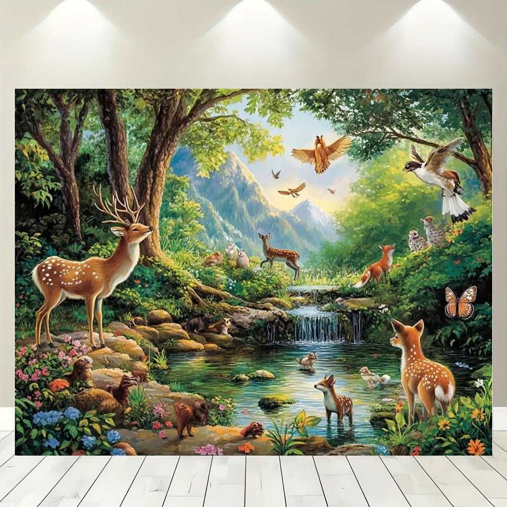 2D plane 1 piece of forest scene background cloth - deer foxes and birds suitable for all occasions