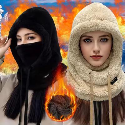 Winter Solid Color Balaclava Drawstring Face Insulation Cover Women Adjustable Thick Integrated Neck Cover Full Face Mask Riding