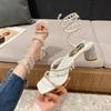 Summer Women's Sandals Luxury Club Square Toe Pendant Rhinestone Snake Pattern White Heel Sandals Wedding Party Shoes