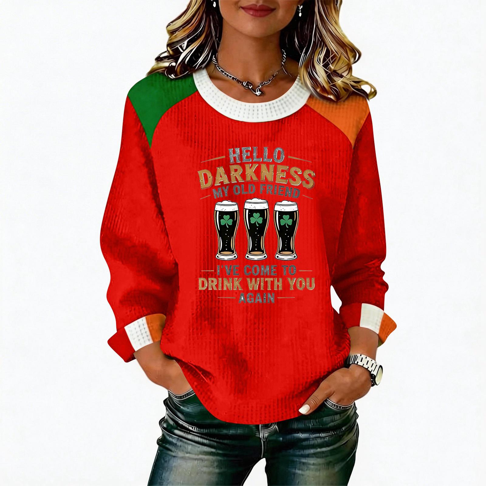 

Women s Casual Fashion Print Long Sleeve Round Neck Pullover Top Blouse XL червоний
