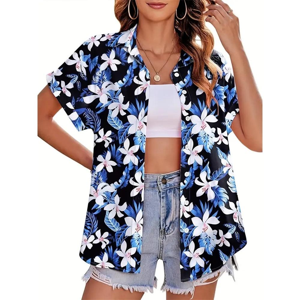 Summer Women's Shirt 3D Printed Hawaiian Shirts Button Up Beach Vacation Shirts Short Sleeve Shirt Casual Lapel Blouse For Women