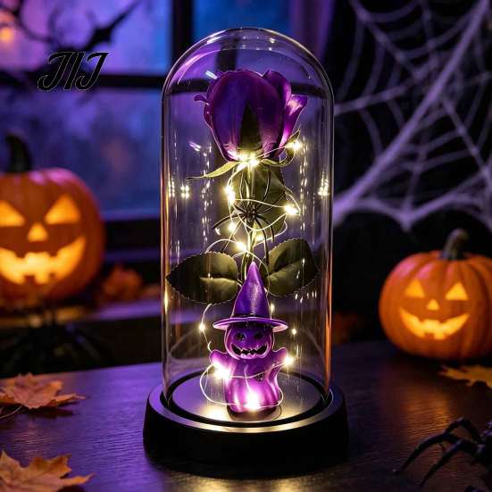 Romantic Spooky Festival Gift Halloween Indoor Light Up Rose in Plastic Dome Cloche, Artificial Preserved Flower Shadow Night with Spider Pumpkin