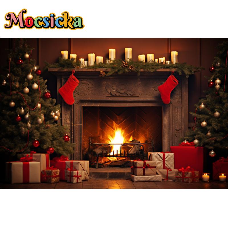 Mocsicka Christmas Fireplace Photography Background Xmas Tree Gift Decoration Kids Birthday Portrait Backdrop Photo Studio Props