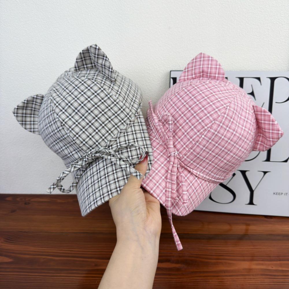 Fashion Cat Ears Baseball Cap Plaid Bow Tie Style Peaked Cap Breathable Simple Sun Hat Unisex Outdoor