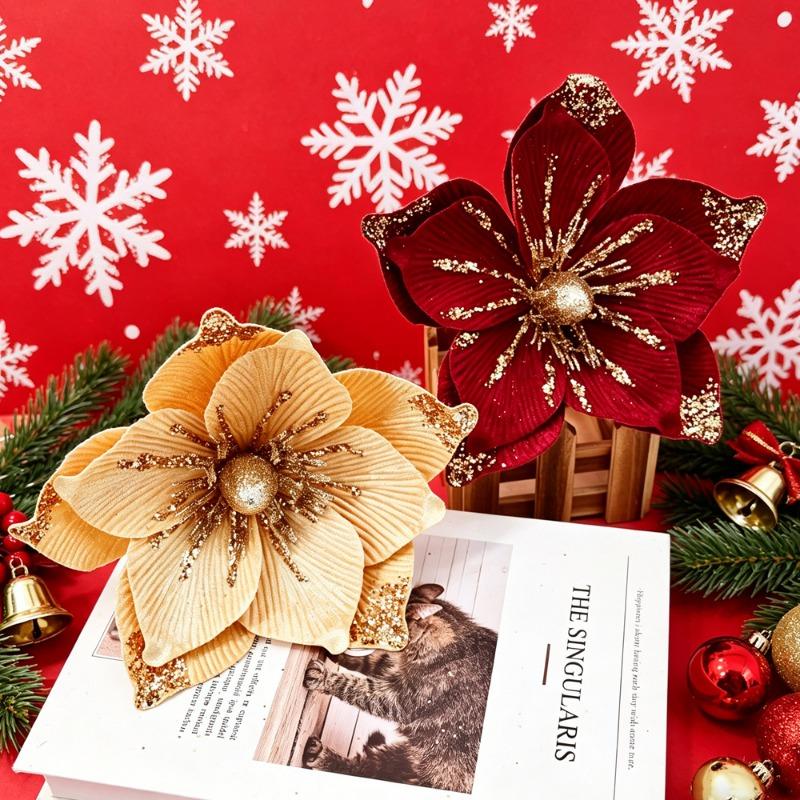 Gold Dust Christmas Flower Christmas Tree Ornament Accessories Christmas Wreath Ornament Christmas Decoration Flower Head False Flower