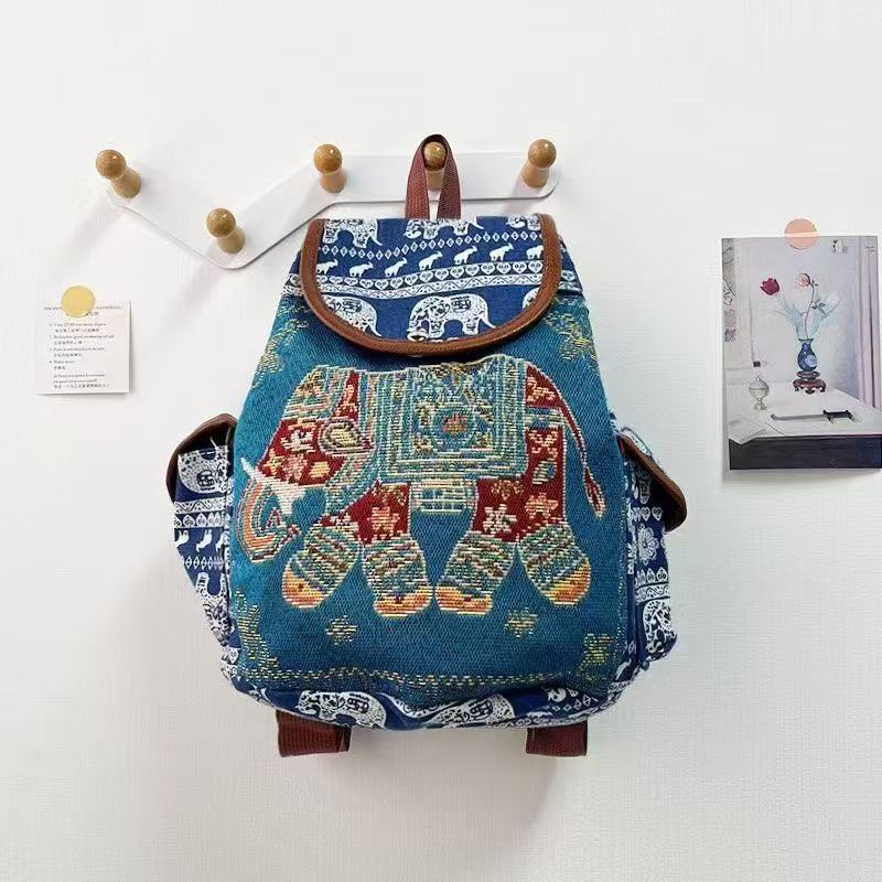 Fashion Ethnic Style Embroidery Knapsack Casual Canvas Animal Drawstring Backbag Jacquard Elephant Owl Bucket Back Bag Beach