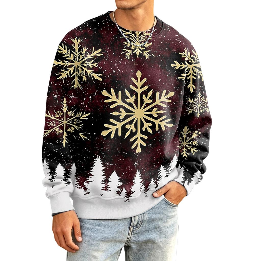 Men's Casual Loose Fit Long Sleeve Round Neck Printed Top for Everyday Wear